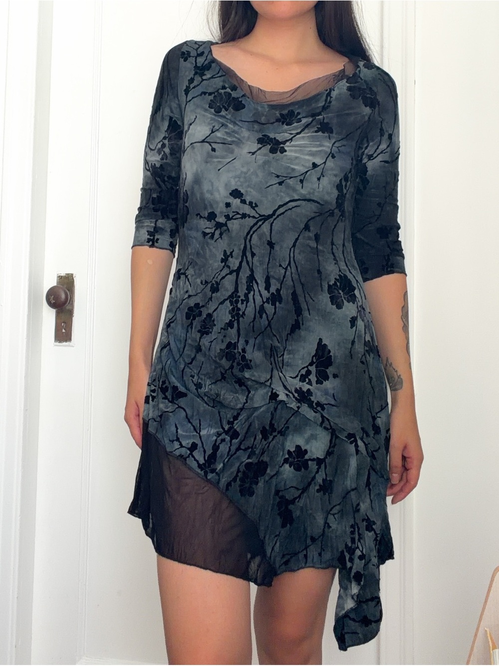 Whimsical Navy Blue Velvet Burnout Asymmetrical Dress